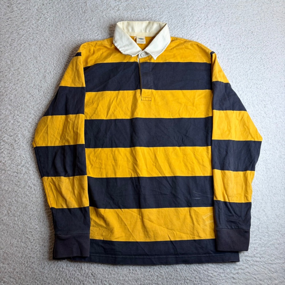 Old Navy Mens Large Rugby Shirt Long Sleeve Striped Yellow Navy Blue Cotton